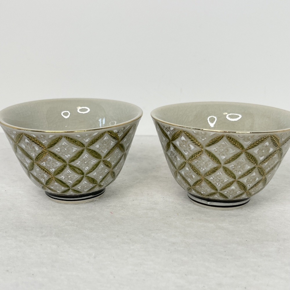 Porcelain Japanese Sake Cup Set Of 2 Crackle Glaze with Gold Teal Black